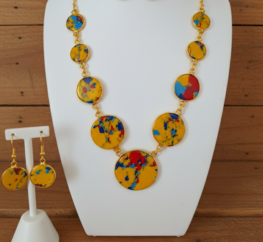 Yellow polished stone necklace earrings set