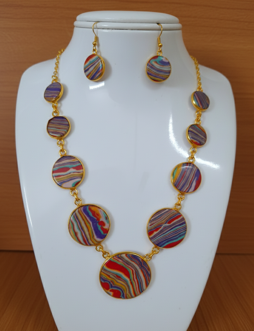 Purple polished stone necklace earrings set