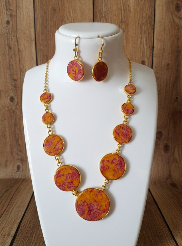 Pink-Orange polished stone necklace-earrings set