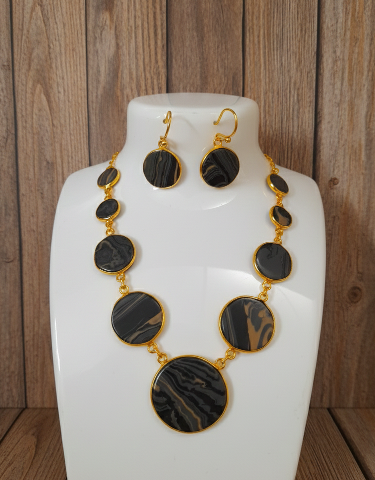 Black polished stone necklace earrings set